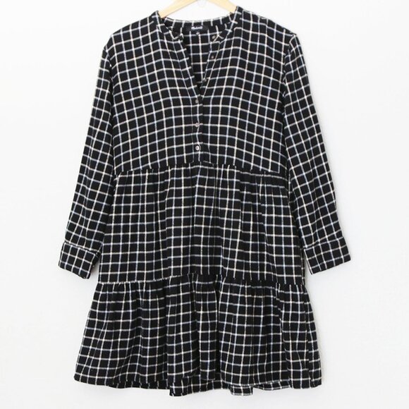 Madewell Flannel Button-Placket Tiered Mini Dress Windowpane Plaid Black S $118 - Picture 5 of 16